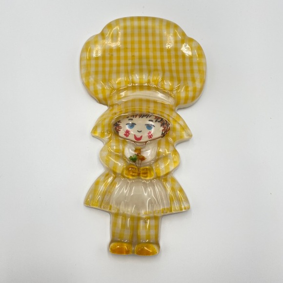 Vintage Holly Hobbie Lucite Acrylic Girl in Yellow Gingham Wall Hanging Decor 8" - Picture 1 of 5
